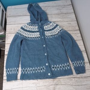Blue And White Handmade Fair isle Hooded Cardigan